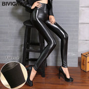 BIVIGAOS Fall Winter Women's Fleece Black Leather Pants Female PU Leggings Slim Skinny High Waist PU Leggings Trousers For Women