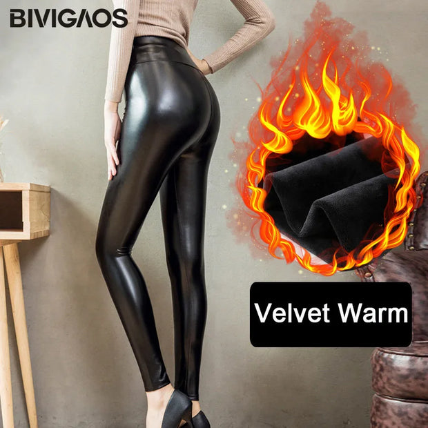 BIVIGAOS Fall Winter Women's Fleece Black Leather Pants Female PU Leggings Slim Skinny High Waist PU Leggings Trousers For Women