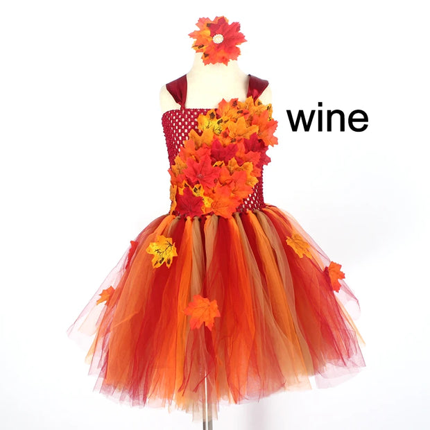 Fall Autumn Girls Tutu Dress Kids Maple Leaves Dress Up Halloween Costume Fancy Birthday Party Carnival Thanksgiving Clothes