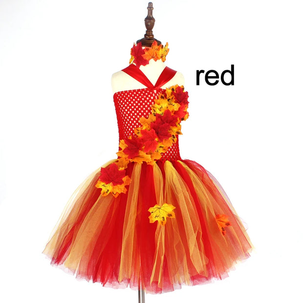 Fall Autumn Girls Tutu Dress Kids Maple Leaves Dress Up Halloween Costume Fancy Birthday Party Carnival Thanksgiving Clothes