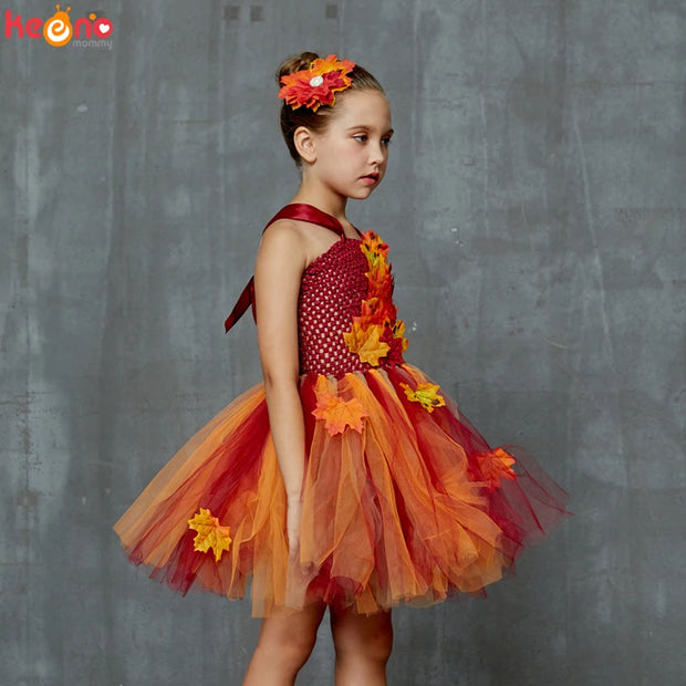 Fall Autumn Girls Tutu Dress Kids Maple Leaves Dress Up Halloween Costume Fancy Birthday Party Carnival Thanksgiving Clothes
