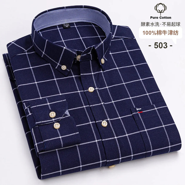 New Men Social Shirt Long Sleeve 100%Pure Cotton Oxford Soft Formal Male Clothes Oversized Pocket Shirt Men clothing S-7XL