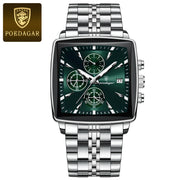 POEDAGAR Men's Square Chronograph Watch – Waterproof, Luminous, Stainless Steel Quartz Timepiece