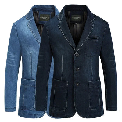 Autumn Winter Men's Denim Suit Cotton Slim Blazer Jacket Long Sleeve Single Breasted Button Pockets