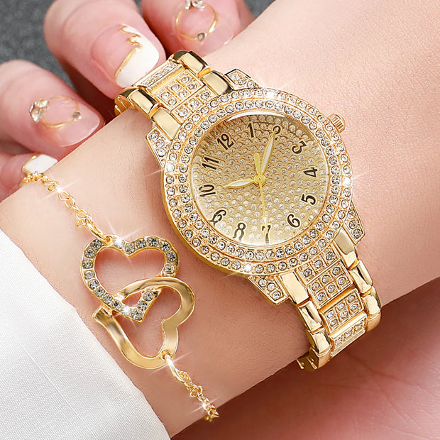 Women’s 6-Piece Rhinestone Quartz Watch & Heart Jewelry Set