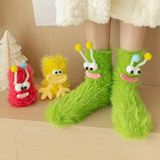 1 Pair Cartoon Socks Funny Expression Decoration Animal Big Eyes Thick Fuzzy Plush Fall Winter Floor Socks Holiday Gift