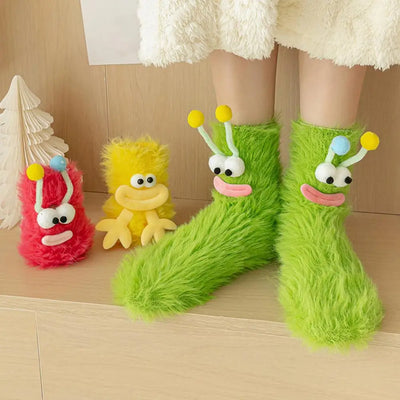 1 Pair Cartoon Socks Funny Expression Decoration Animal Big Eyes Thick Fuzzy Plush Fall Winter Floor Socks Holiday Gift