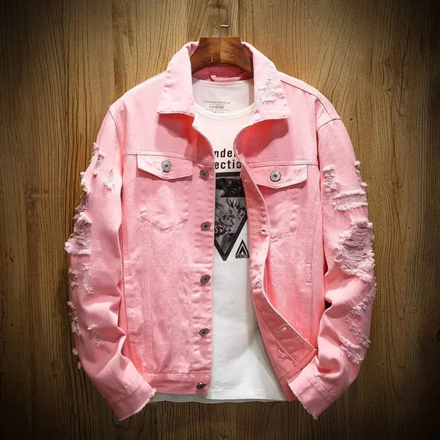 New 2025 Men's Fashion Jeans Jacket Solid Spring Autumn Cotton Denim Jacket Men Red White Black Pink Ripped Hole Jean Coats Male