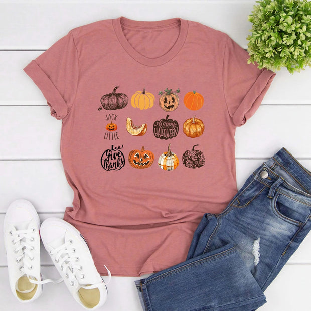 Fall Harvest Pumpkins Jack O Lantern Women T-Shirt Halloween Shirt Short Sleeve Graphic T Shirts Cute Halloween Pumpkin Tshirt