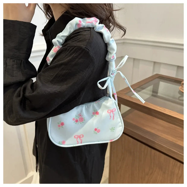 Hand Bags for Ladies Summer Women's BM Style Floral Canvas Pleated Tote Bag Korean Flower Bow Printed Zipper Cute Armpit Bag