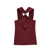 TRZA Women's Knit Halterneck Tank – Gold Appliqué Camisole with Wide Straps