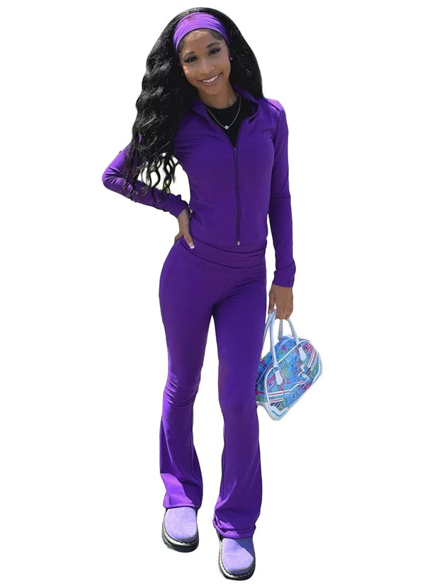 Fall 2025 Street Casual Women Sets Fleece Tracksuit Long Sleeve Zip Tops and Flare Pants Activewear Outfits Gym Two 2 Piece Set