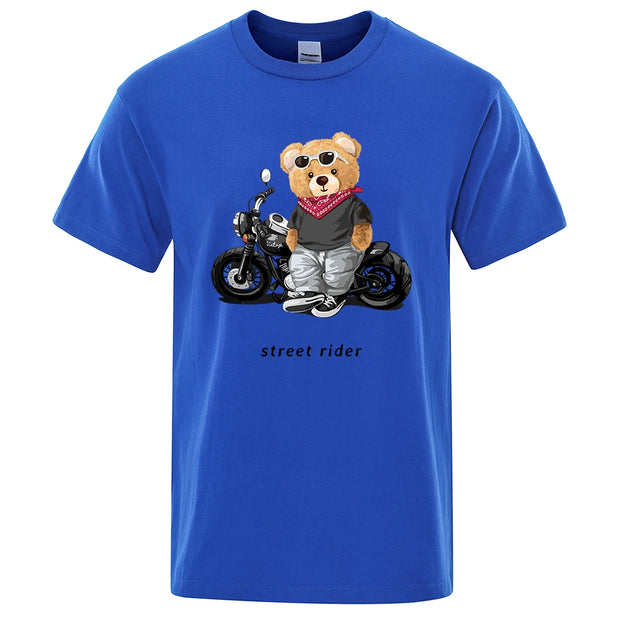 Motorcycle Enthusiast Street Ted Rider Printed T-Shirt Men Loose Casual Short Sleeves Summer Breathable Tee Cotton Clothing