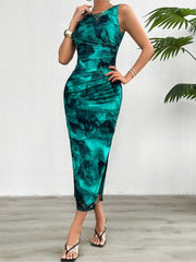 Women's 2024 Spring Summer New Fashionable Printed Round Neck Style Slimming Sleeveless Tight Dress With Split Bottom