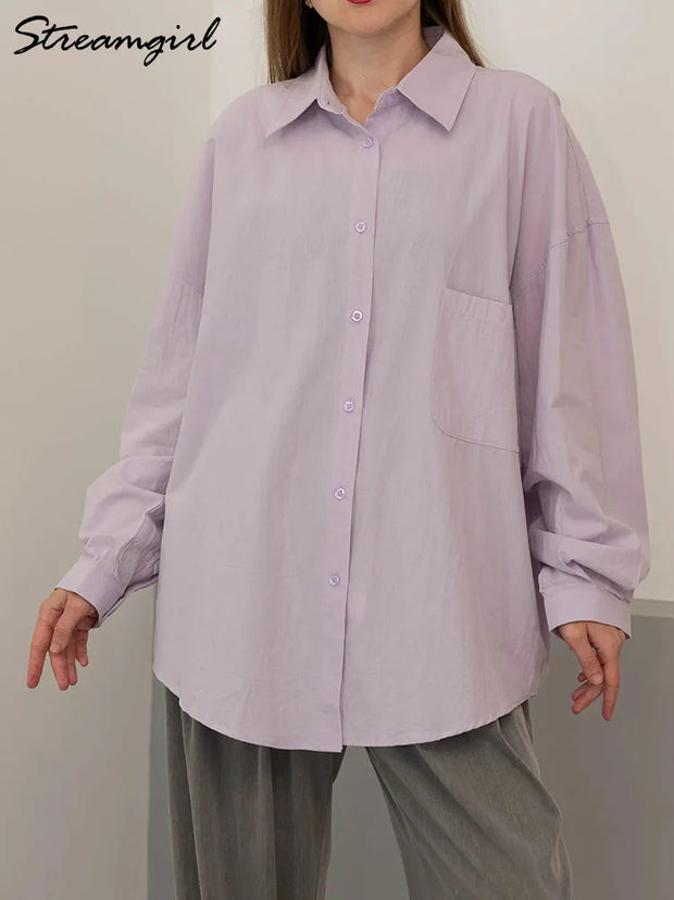 Basic Oversized Button Up Shirts Women Summer Tops Cotton Office Wear Woman Loose Blue Blouses Women Yellow Shirts Long Sleeve