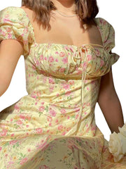 Elegant Women s Maxi Dress with Puff Sleeves Lace-Up Detail Floral Print and High Side Split for a Stylish Look