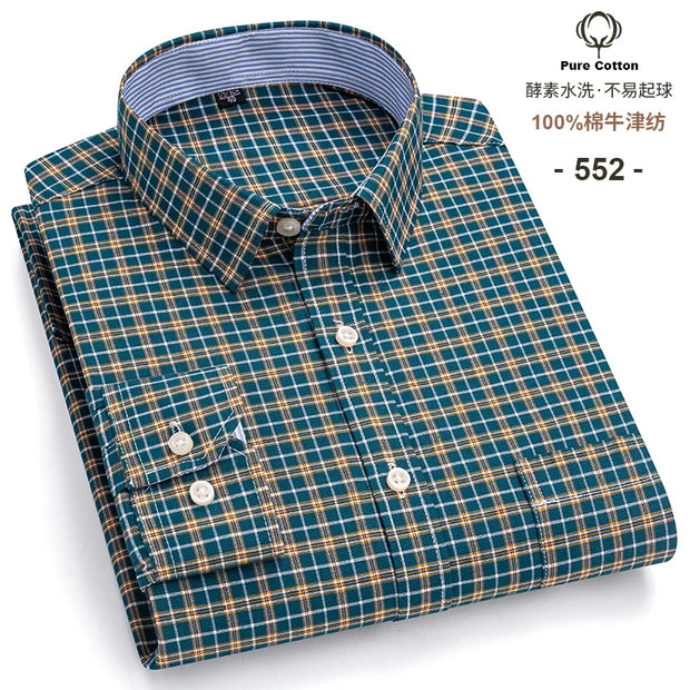 New Men Social Shirt Long Sleeve 100%Pure Cotton Oxford Soft Formal Male Clothes Oversized Pocket Shirt Men clothing S-7XL