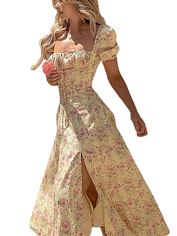 Elegant Women s Maxi Dress with Puff Sleeves Lace-Up Detail Floral Print and High Side Split for a Stylish Look