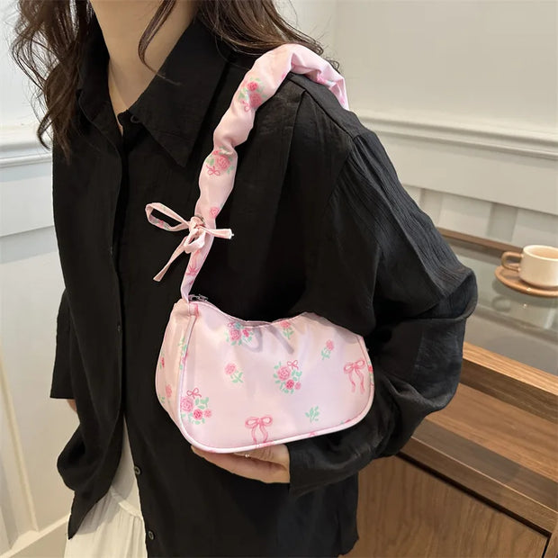 Hand Bags for Ladies Summer Women's BM Style Floral Canvas Pleated Tote Bag Korean Flower Bow Printed Zipper Cute Armpit Bag