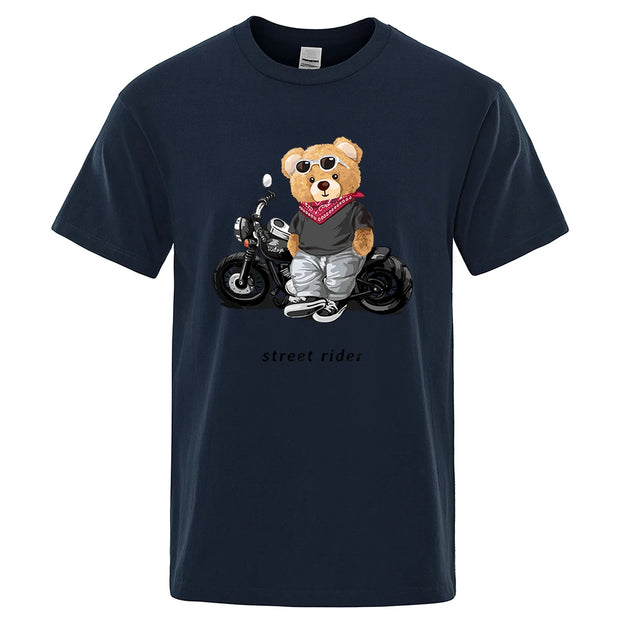 Motorcycle Enthusiast Street Ted Rider Printed T-Shirt Men Loose Casual Short Sleeves Summer Breathable Tee Cotton Clothing