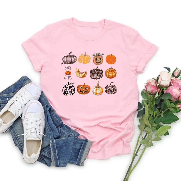 Fall Harvest Pumpkins Jack O Lantern Women T-Shirt Halloween Shirt Short Sleeve Graphic T Shirts Cute Halloween Pumpkin Tshirt