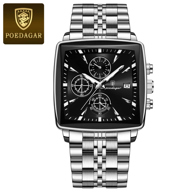 POEDAGAR Men's Square Chronograph Watch – Waterproof, Luminous, Stainless Steel Quartz Timepiece