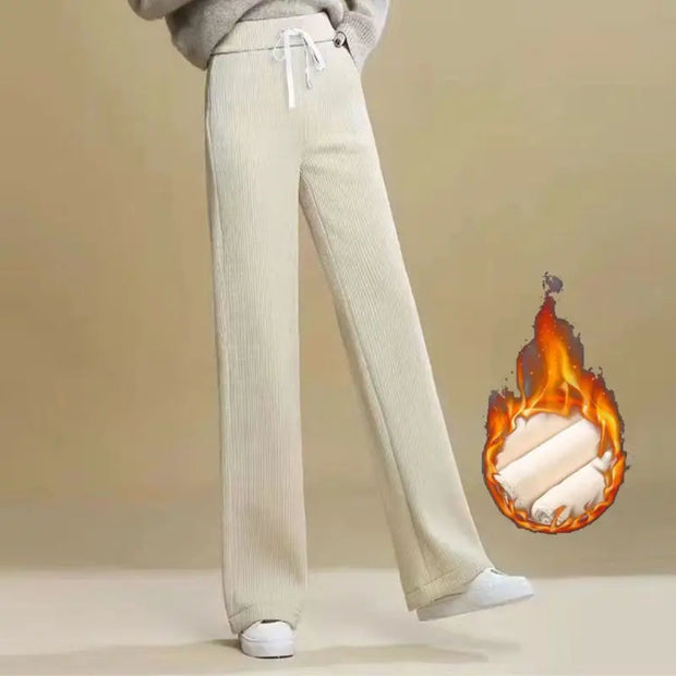 Autumn Winter Fleece Wide Leg Pants Women High Waist Loose All-match Straight Casual Trousers Simplicity Lacing Elastic Waist