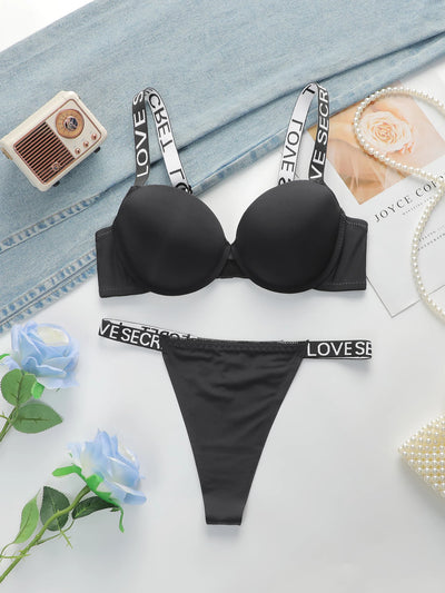 Women's Glossy Letter Lingerie Set – Push-Up Bra & Briefs, Sexy Two-Piece