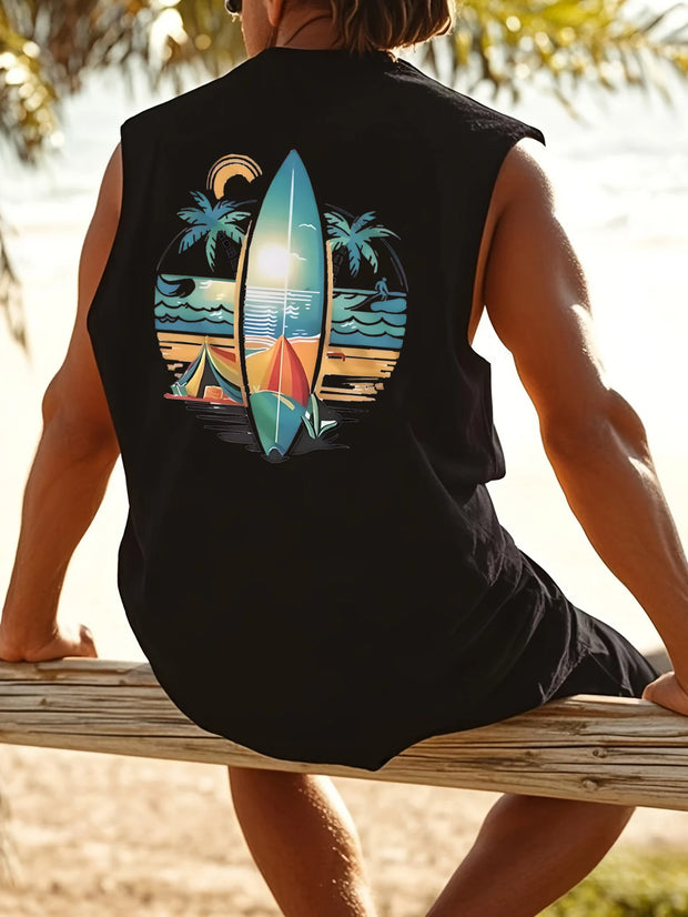 Men's Sleeveless Summer Tank – Coconut Tree & Surfboard Print, Breathable Leisure Fit