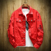 New 2025 Men's Fashion Jeans Jacket Solid Spring Autumn Cotton Denim Jacket Men Red White Black Pink Ripped Hole Jean Coats Male
