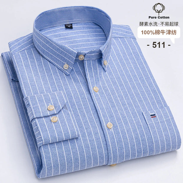 New Men Social Shirt Long Sleeve 100%Pure Cotton Oxford Soft Formal Male Clothes Oversized Pocket Shirt Men clothing S-7XL