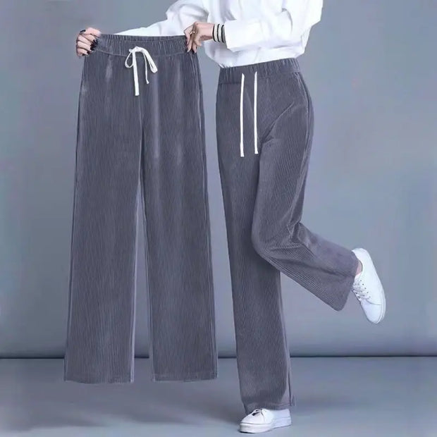Autumn Winter Fleece Wide Leg Pants Women High Waist Loose All-match Straight Casual Trousers Simplicity Lacing Elastic Waist
