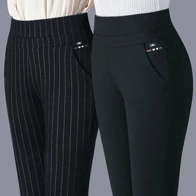 Casual Elegant Long Thin Pants Elastic Waist Black OL Trend Pencil Pants Summer Simple Women New In Clothes Skinny Solid Strip