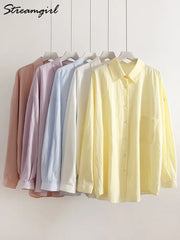Basic Oversized Button Up Shirts Women Summer Tops Cotton Office Wear Woman Loose Blue Blouses Women Yellow Shirts Long Sleeve