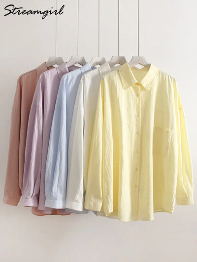 Basic Oversized Button Up Shirts Women Summer Tops Cotton Office Wear Woman Loose Blue Blouses Women Yellow Shirts Long Sleeve