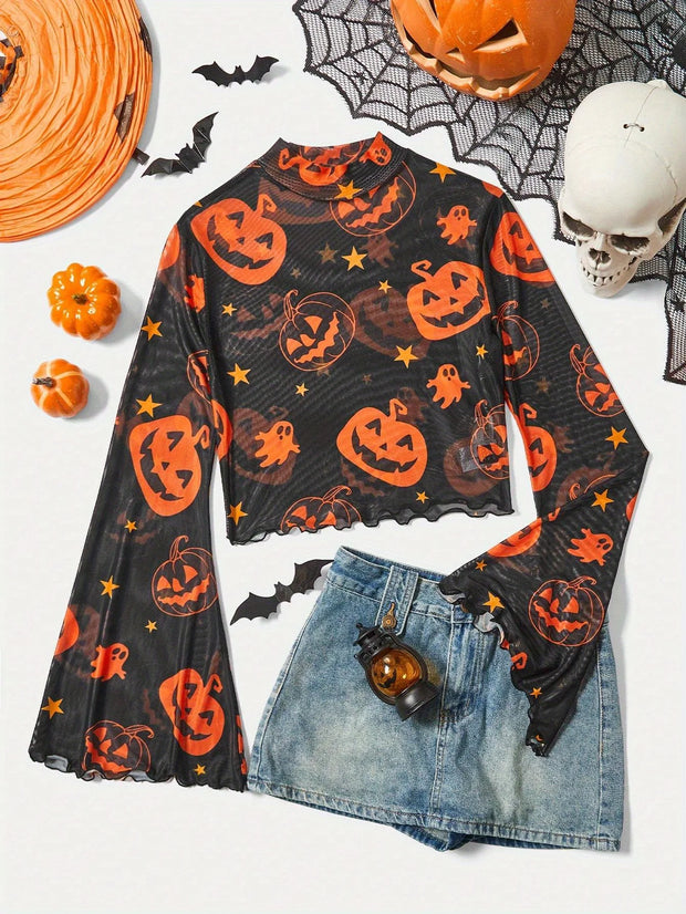 European and American fashion style pumpkin pattern mesh T-shirt
