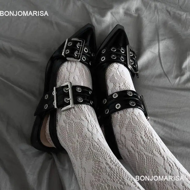 GIGIFOX Mary Jane Shoes For Women Pointed Toe Buckle Strap Slip On Slingback Pumps Spring Fashion Y2k Comfortable Low Heel