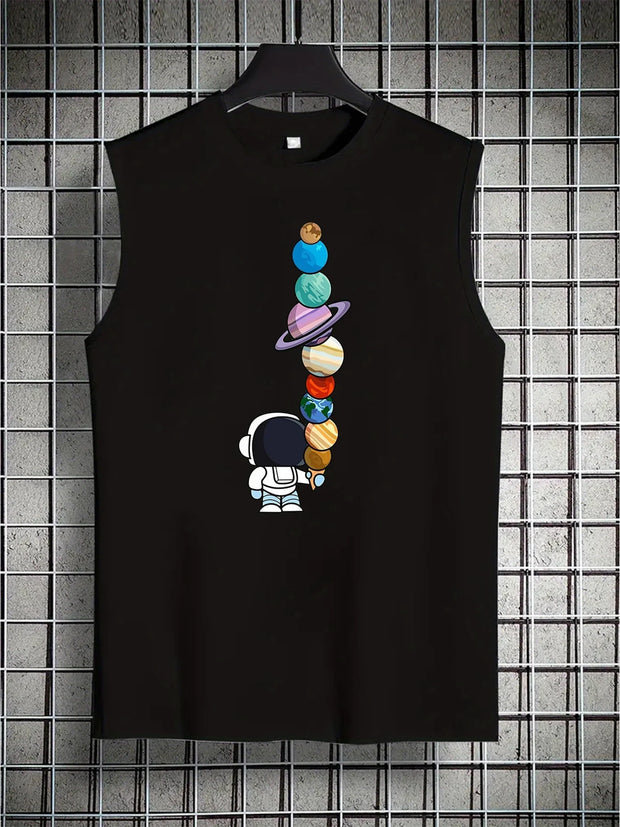 Men's Sleeveless Astronaut Print Tank – Breathable Summer Fitness & Leisure Wear