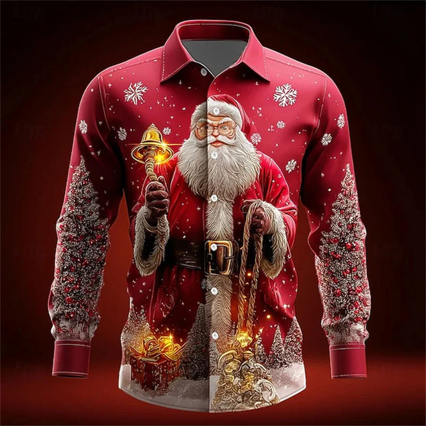2026 New Men's Christmas Shirt Button Long Sleeve Fun Outdoor Festival Spring and Autumn Lapel 3D Printed Lapel Shirt Red