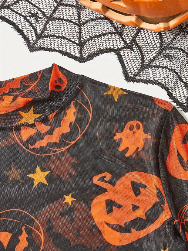 European and American fashion style pumpkin pattern mesh T-shirt