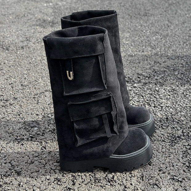 2025 Fall Winter New Brown Fashion Boots Versatile Platform Heightened Vintage Trouser Heel Boots Women