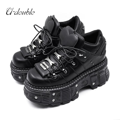 2025 New Punk Style Women Shoes Lace-up Heel Height 6CM Platform Shoes Woman Gothic Ankle Rock Boots Metal Decor Woman Sneakers