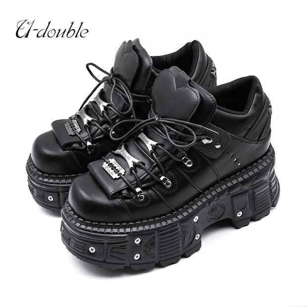 2025 New Punk Style Women Shoes Lace-up Heel Height 6CM Platform Shoes Woman Gothic Ankle Rock Boots Metal Decor Woman Sneakers