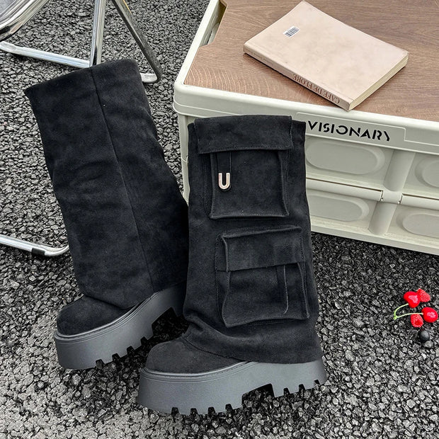 2025 Fall Winter New Brown Fashion Boots Versatile Platform Heightened Vintage Trouser Heel Boots Women
