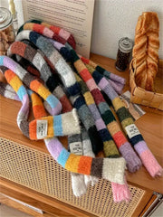 Women's Scarf - Cute Rainbow Stripe Color-Blocking Design, Elastic Stretchy Narrow Scarf for Winter Warmth, Handmade Fashion Acc