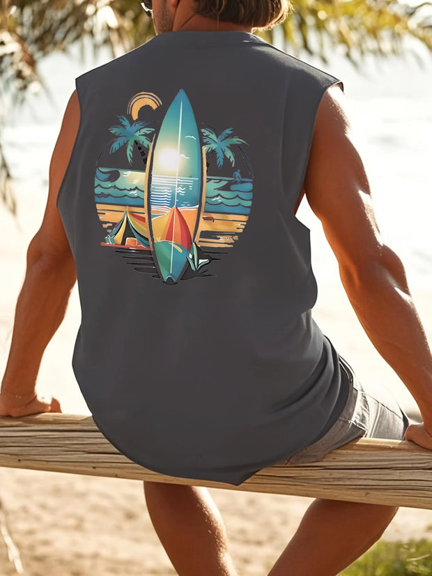 Men's Sleeveless Summer Tank – Coconut Tree & Surfboard Print, Breathable Leisure Fit