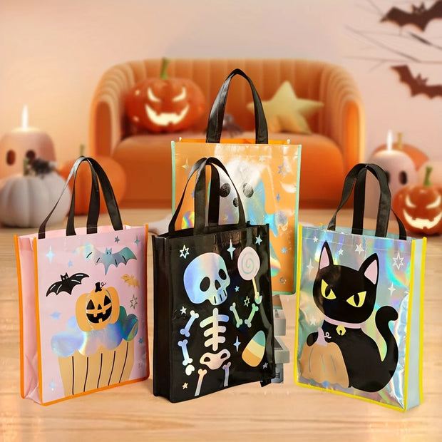 Halloween Party Bags - Non-Woven Fabric Gift Bags with Pumpkin, Grimace, Cat, Bats, Candy Designs  - Sturdy Handles for Trick