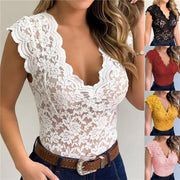 Summer Sexy V Neck Lace Vest Top Women Solid Sleeveless Tank Tops Female Elegant Floral Hollow Out Bodycon Clubwear T Shirt