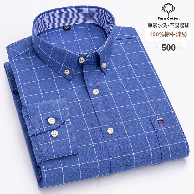 New Men Social Shirt Long Sleeve 100%Pure Cotton Oxford Soft Formal Male Clothes Oversized Pocket Shirt Men clothing S-7XL