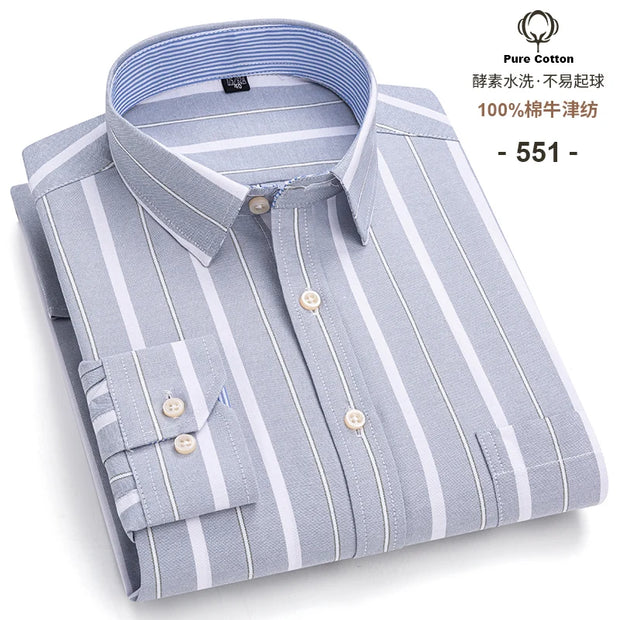 New Men Social Shirt Long Sleeve 100%Pure Cotton Oxford Soft Formal Male Clothes Oversized Pocket Shirt Men clothing S-7XL